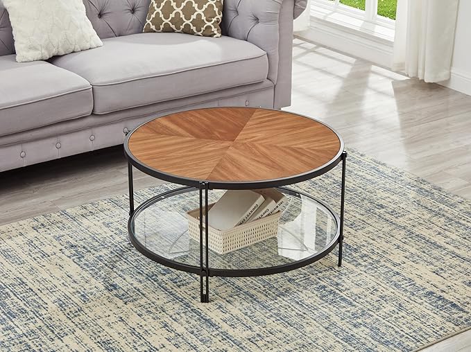 32" Round Glass Coffee Table with Glass Bottom, Black Circle Center Coffee Table with Wood Top ＆ Metal Frame, Small Table for Living Room, Apartment (32" Dx32 Wx18 H, Black)
