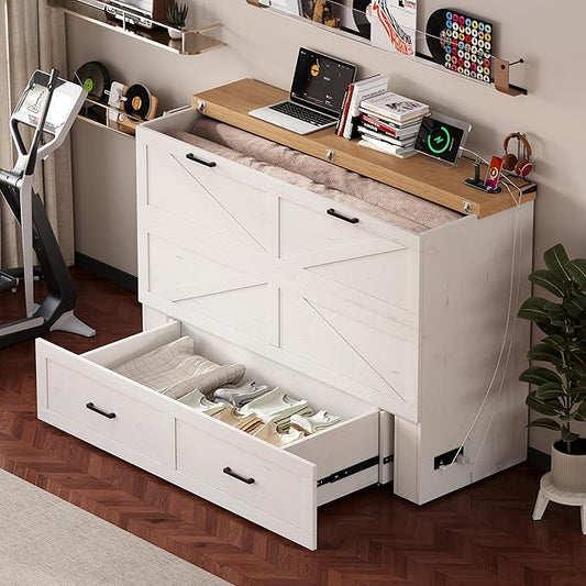 Bellemave Queen Murphy Bed, Cabinet Bed with Charging Station and 1 Large Storage Drawer, Farmhouse Murphy bedframe with Foldable Panel, Noisy Free, for Guest Bedroom, Living Room, White