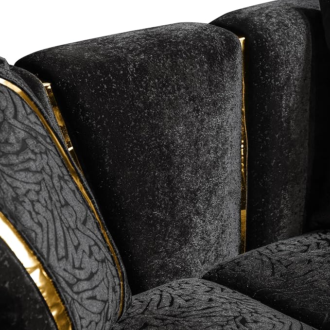 Furniture of America Samison II Glam Solid Wood Upholstered Loveseat with Accent Pillows, Damask Pattern and Gold Base, Soft Couch for Living Room, Bedroom, Office, Black