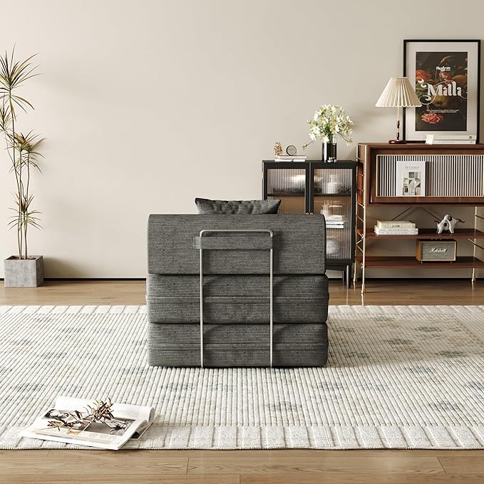 31.5'' Convertible Compressed Corduroy Folding Cloud Sofa Bed, Modern Boneless Pull Out Sleeper Sofa Couch in a Box, 3 in 1 Portable Lazy Floor Lounge Chair, for Small Space, Grey, Pillow, Single
