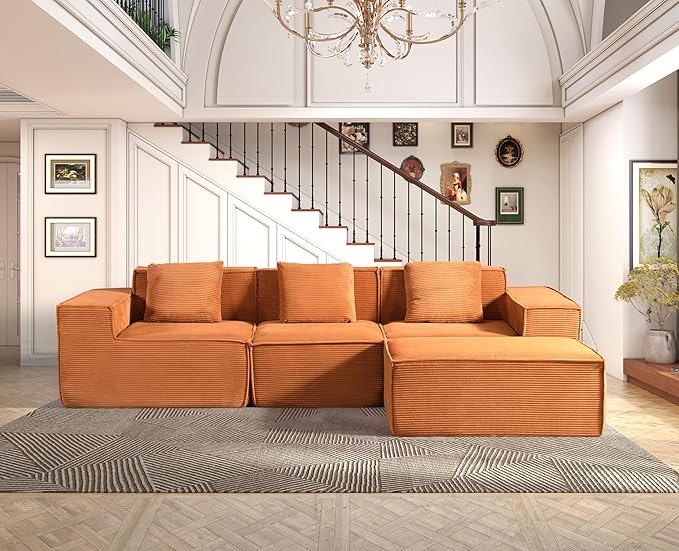 Rowan Convertible Corduroy Sectional Couch with Ottoman & Pillows, Modular L Shaped Sleeper Sofa, Boneless Cloud Couch for Living Room Furniture, Red Orange