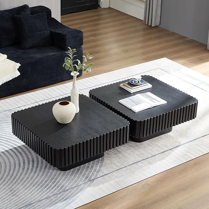 31.5" Square Coffee Table Set of 2, Wooden Center Tea Table 2 Piece Accent End Table for Living Room Apartment, with Sturdy Curved Base & Solid Wood Fluted Side, Black