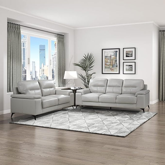 Lexicon Danica Top Grain Leather 2-Piece Living Room Sofa Set, Silver Gray