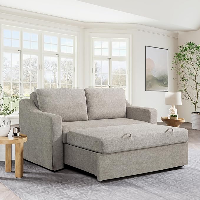 Serta Hawthorne 66.1" Slipcovered Convertible Sleeper Loveseat, Full Size, Dreamcoil Comfort, FingerGuard Pinch Point Protection, Polyester Tweed Fabric, Flax