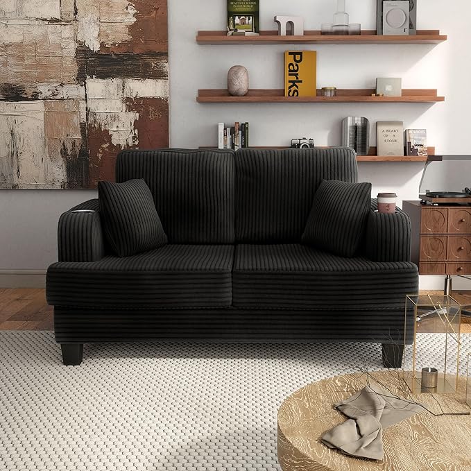 Homes: Inside + Out Reese Modern Plush Chenille Comfortable Loveseat with Side Pockets, Cup Holders and Pillows, Wooden Soft Couch for Living Room, Bedroom and Office, Black