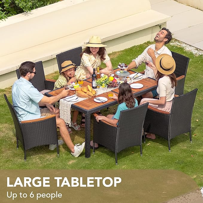 Devoko Dining 7 PCS Furniture, Patio Conversation Set with Acacia Wood Table Top, Outdoor, Beige Cushion and Black Rattan - Image 4