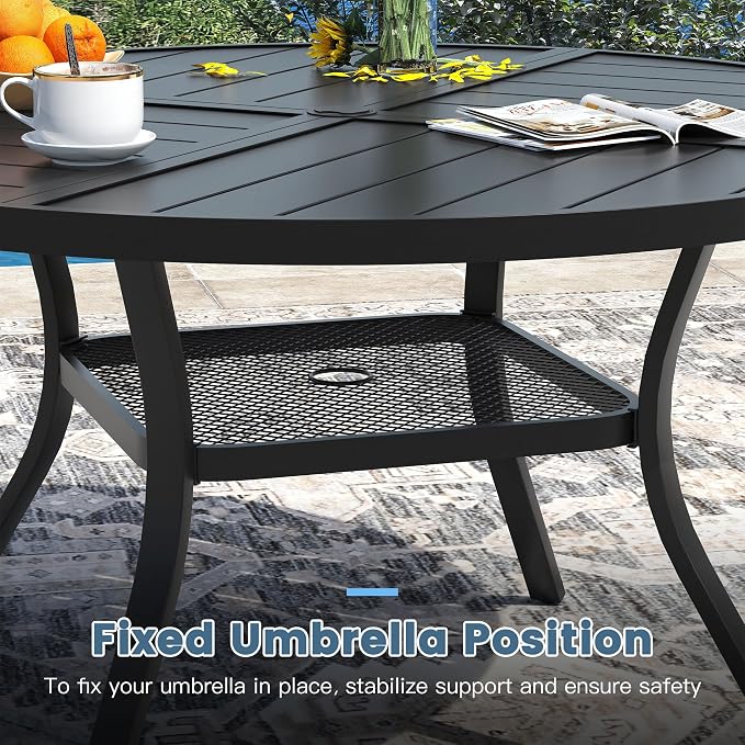 DIFY Patio Dining Set for 6, 7 Piece Outdoor Table and Chairs Set, 47.2" Black Round Metal Patio Dining Table and 6 Grey Textilene Stackable Patio Chairs, for Backyard Garden Poolside - Image 4