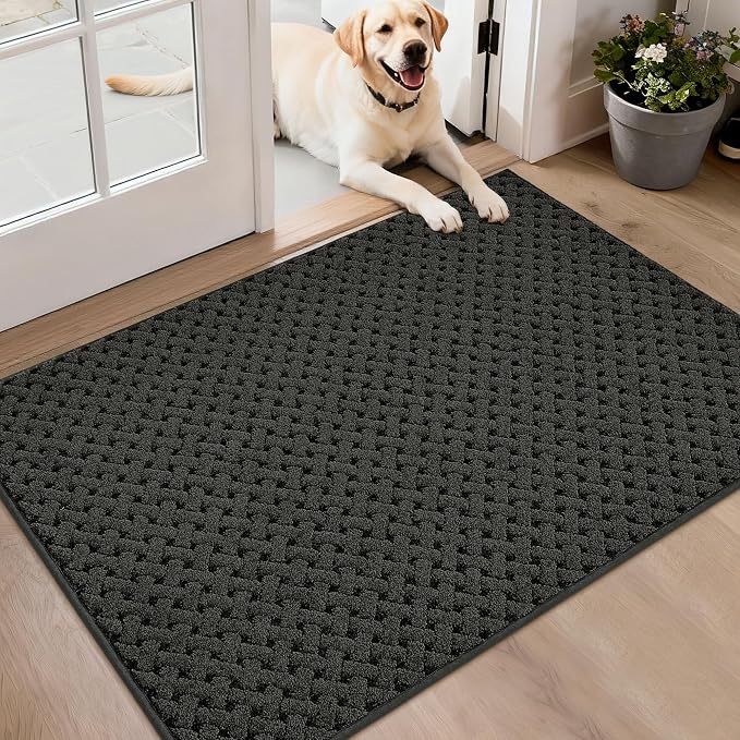 BEQHAUSE Dirt Trapper Door Mat Non-Slip Entryway Rugs Stain Resistant Absorbent Dog Doormats Woven-Look Washable Welcome Floor Doormat For Front Back Door, Dirty Wet Shoes & Paws, 32" x 48", Dark Grey by BEQHAUSE