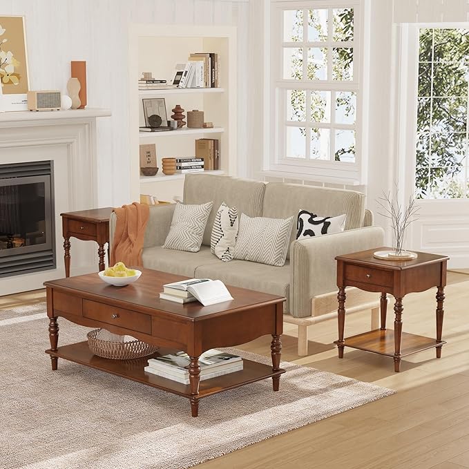 Living Room Table Set-One Rectangular Coffee Table and Two Square End Tables with Storage Drawer, Elegant Vintage Sofa Center Table with Wood Carved legs, No-Tools Assembly, Caramel Brown KFZ-BZ-C008
