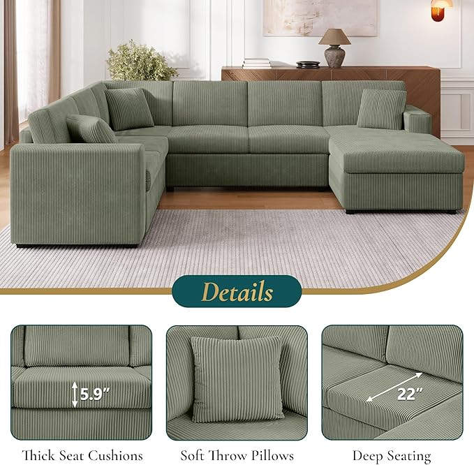 Eafurn Oversized U Shaped Modular Sectional Sofa, 115" Oversized Corduroy Upholstered Couch with Spacious Chaise Lounge & 3 Throw Pillows for Living Room, Apartment, Office