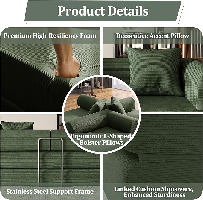 53.15'' Convertible Compressed Corduroy Folding Cloud Sofa Bed, Modern Boneless Pull Out Loveseat Sleeper in a Box, 4 in 1 Floor Mattress Futon Cloud Couch, No Assembly Needed, Green, 2 Pillows, Full