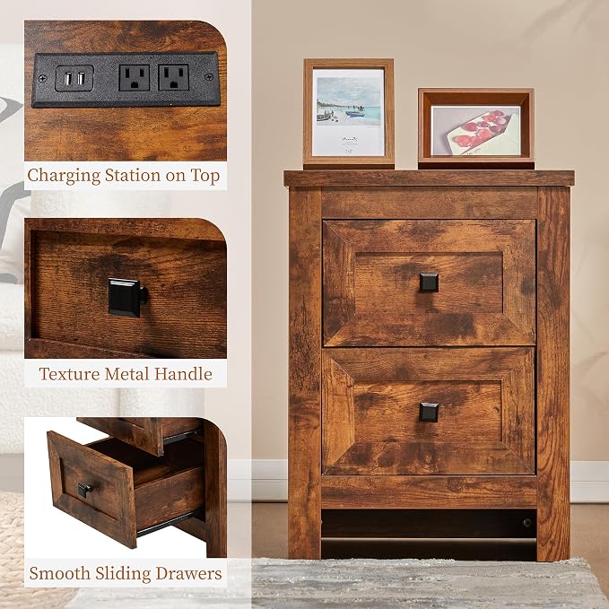 AMERLIFE Nightstand Set of 2 with Charging Station, Rustic Bedside Table with Drawers Storage, Farmhouse Wood Night Stand for Bedroom, Rustic Brown - Image 6