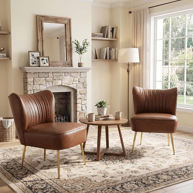 DUOMAY Modern Accent Chair Set of 2 PU Leather Slipper Chair Wingback Side Chair for Living Room Bedroom Entryway Small Corner Chair for Space Saving, Brown