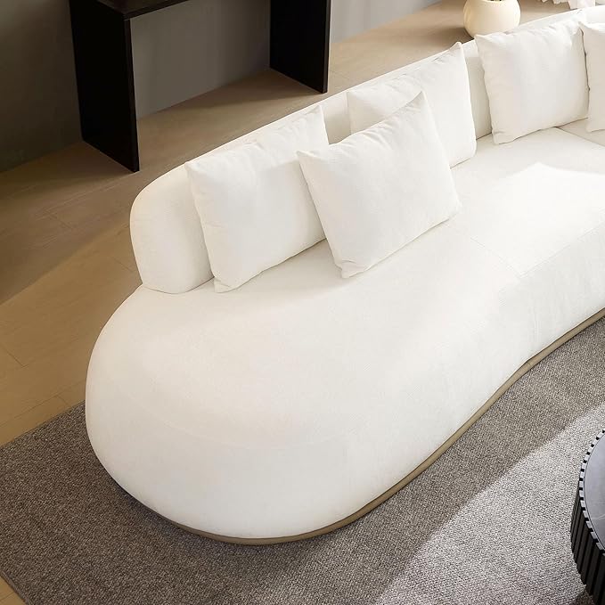 KEIKI 135" L-Shaped Oversized Boucle Sectional Sofa with Right Chaise, Modern 5-Seater Polyester Curved Couch with PU Leather Base & 6 Decorative Pillows, No Assembly Required, for Living Room, Beige