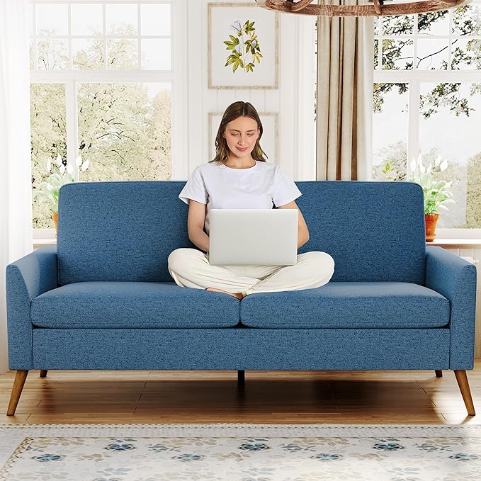 68" Loveseat Sofa, Comfy Blue Linen Couches for Living Room, Mid Century Modern Love Seat Sofa, Tool-Free Setup Small Couches for Bedroom Office