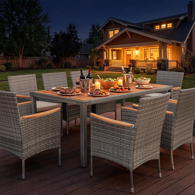Devoko Outdoor Patio Dining Sets 9 Pieces Wicker Outdoor Dining Table and Chairs Set with Acacia Wood Table Top and Widened Armrests for Backyard, Garden, Deck (Grey) - Image 5