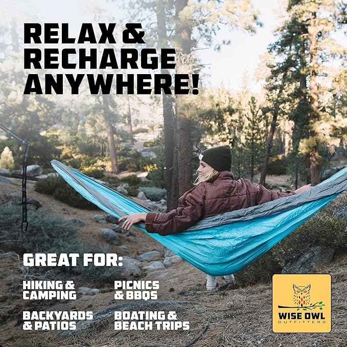 Wise Owl Outfitters Camping Hammock – 500lbs Portable Hammock with Tree Straps - Travel, Backpacking, Hiking, Outdoors Camping Gear - Single or Double - Image 7