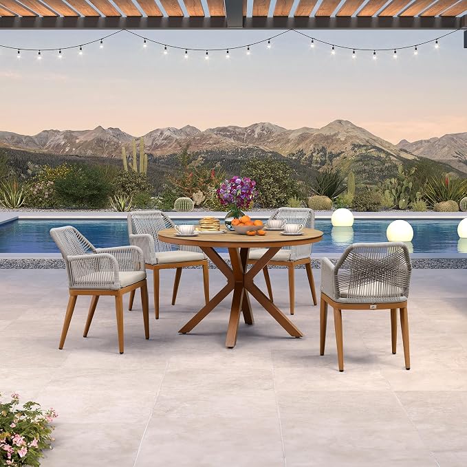 PURPLE LEAF 5 Pieces Patio Round Dining Set Aluminum Oversize Round Table and Rattan Arm Chairs with Cushions for Kitchen Porch Garden Modern Outdoor Furniture Sets - Image 2