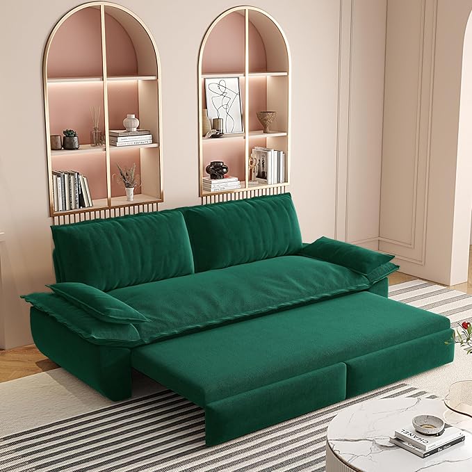 3-in-1 Convertible Sofa Bed Queen Size Pull Out Sleeper Sofa with Heavy Duty Metal Frame, Luxurious Velvet Upholstered Loveseat with 2 Pillows, Modern Folding Guest Bed for Living Room, Apartment
