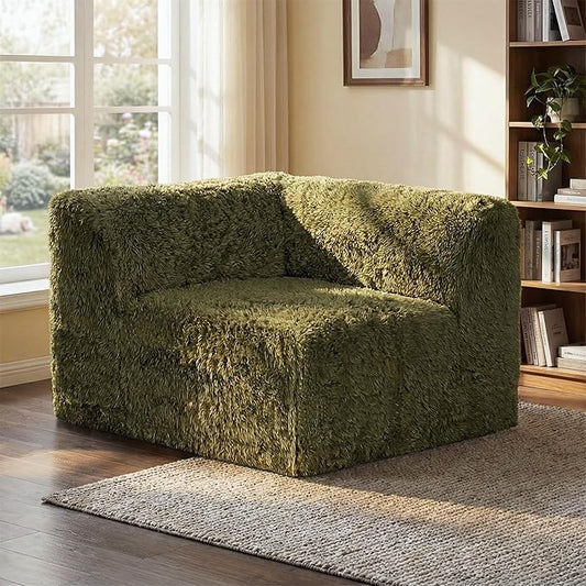 Furniture of America Havyn Modern Faux Fur 1-Seater Modular Foam Sofa Chair with Curved Arm & Deep Seat, Compressed Couch in a Box, No Assembly Required, for Living Room and Office, Olive Green