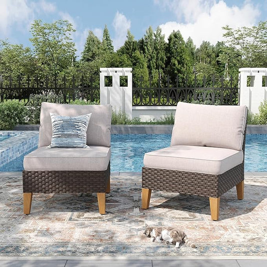 PHI VILLA Patio Furniture Sectional Sofa Set of 2，Outdoor Wicker Furniture Armless Sofa with Cushion for Front Porch, Beige