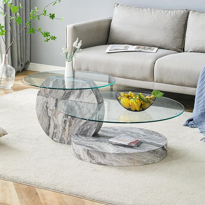 42" Glass Coffee Table, Round Coffee Table, 2-Tier Tempered Glass Tabletop with Grey Faux Marble Base, Modern Center Table for Living Room, Home, Apartment, Ideal for Small Space