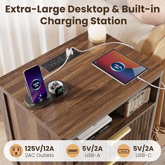 CypBed 23.8" Wide Fluted NightStand Set of 2 with Charging Station, Bedside Tables with 2 Drawers & Storage Shelf, Wood Nightstand with Rounded Corner, Modern End Table for Bedroom, Easy Assembly - Image 4
