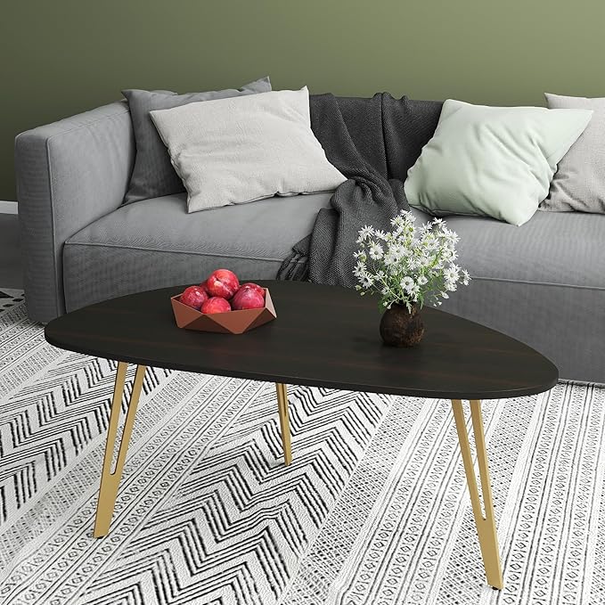 Manora Simple Dark Brown Oval Wood Coffee Table with Gold Legs, Modern Tea Table for Living Room or Office, Cute Small Center Table for Compact Space