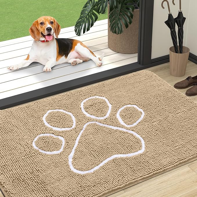 OLANLY Dog Door Mat for Muddy Paws 47x32, Paw Print Design, Absorbs Moisture and Dirt, Absorbent Non-Slip Washable Doormat, Quick Dry Chenille Mud Mat for Dogs, Entry Indoor Entryway Carpet, Beige by OLANLY