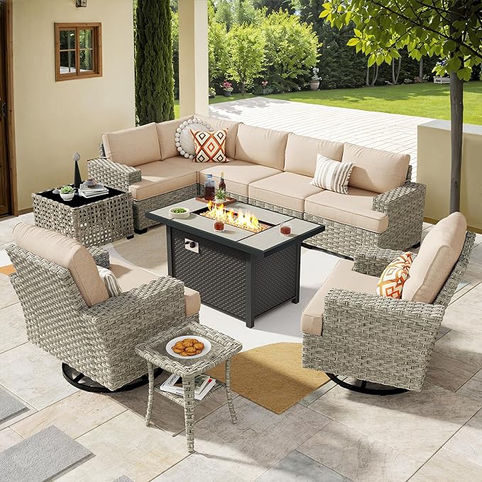 HOOOWOOO Outdoor Sectional Patio Furniture Set with Fire Pit Table,10 Pieces Wicker Conversation Sets L Shaped Couch,Extra Deep Out Door Sofa Outside Furniture with Swivel Rocking Chairs,Beige