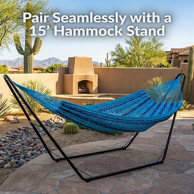 Sunnydaze Handwoven XXL Thick Cord Mayan Double Hammock for Outside - 625-Pound Capacity Heavy-Duty Outdoor Hammock - Blue - Image 4