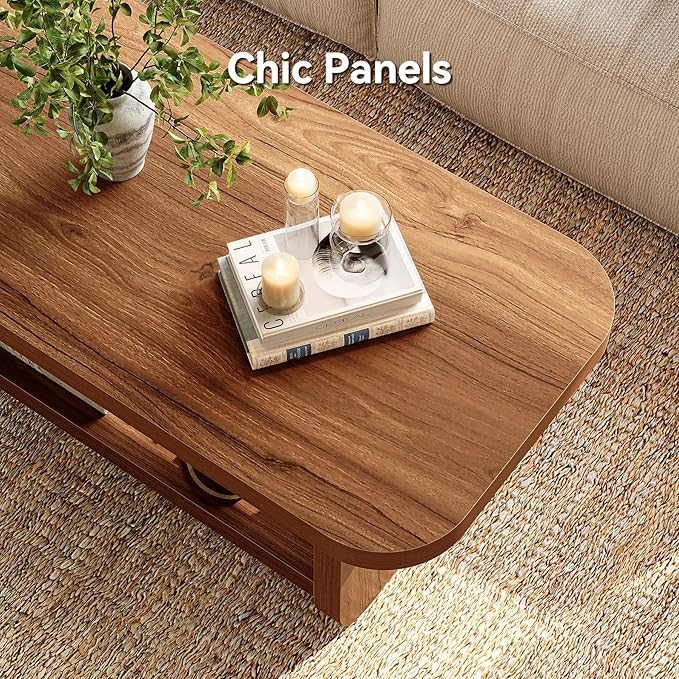 LITTLE TREE Wooden Coffee Table, 47.2" Center Table with Storage, Modern Farmhouse Rectangle Living Room Tables with Rounded Corners for Living Room, Bedroom, Kids Room, Home Office, Brown