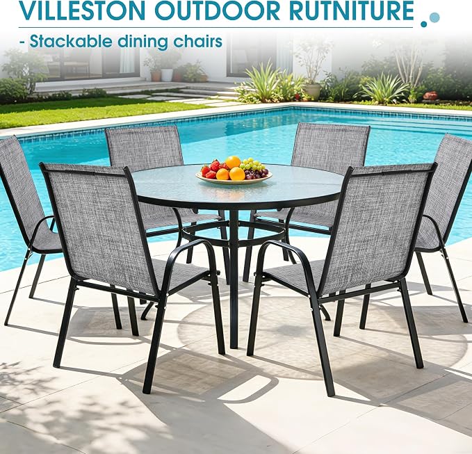 Outdoor Stackable Chairs Set of 6, Stacking Patio Chairs with Textilene Fabric, Outside Furniture for Garden Backyard Balconie Poolside Deck, Grey - Image 8