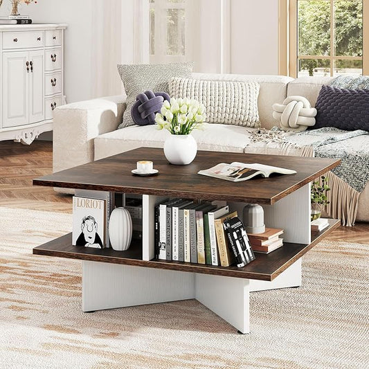 Giantex Square Coffee Table, Mid Century Modern Center Table with 4 Storage Compartments & Cross-Shape Base, 24 Inch Farmhouse Coffee Tables for Living Room (Brown)