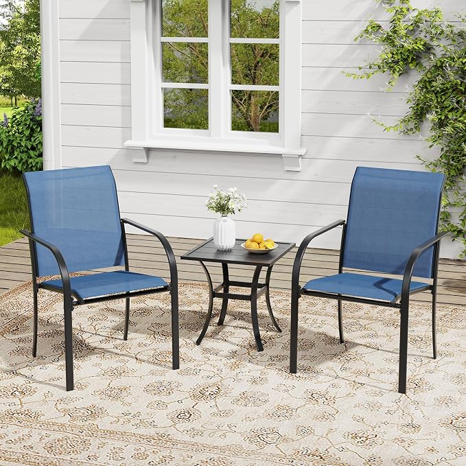 VICLLAX Outdoor Set for 2, Small Patio Table and Chairs Set of Stackable Patio Sling Chairs and Square Dining Table for Front Porch, Blue Fabric and Black Table by HOME