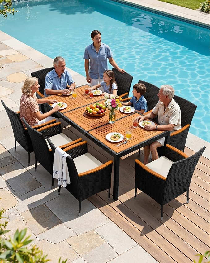 Flamaker 9 Piece Patio Dining Set Outdoor Acacia Wood Table and Chairs with Soft Cushions Wicker Patio Furniture for Deck, Backyard, Garden - Image 3