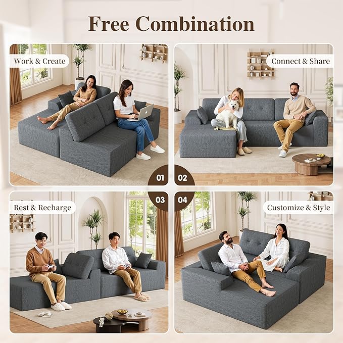 Ball & Cast 106" Boneless Sectional Sofa, Chenille Modular L Shaped Couch with Deep Seat Chaise, Cloud Style Oversized Sectional Couch for Living Room, No Assembly, Left Facing, Grey