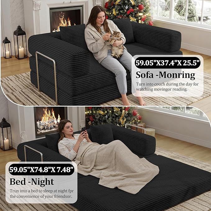 4 in 1 Futon Sofa Bed Queen Size - Foldable Convertible Sleeper Couch,Teddy Foam-Filled Compressed Couch Removable Corduroy Cover, Space Saving Sofas for Bedroom & Dorm (Black, 59” 2 Seat)
