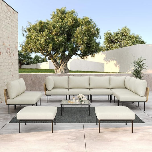 LayinSun 11 Pieces Aluminum Patio Furniture Set, Modern Modular Sectional Sofa with Coffee Table and Upgrade Thickness Cushion