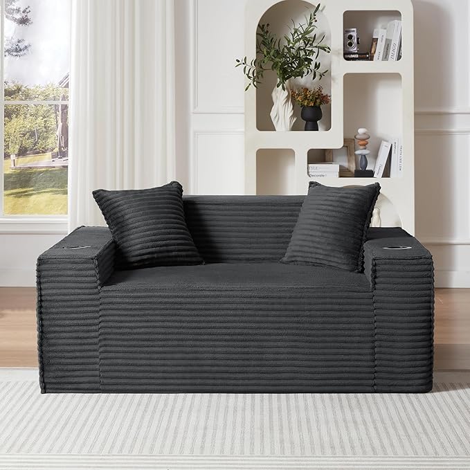 Cloud Loveseat Boneless Sofa Couch in a Box with Cupholders, Modern Corduroy Compressed Sofa for Living Room, 2 Seater High-Density Foam Couch with Pillows, No Assembly Required