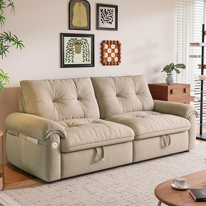 KEIKI 77" Modular Sectional Sofa with Pull-Out Bed, Convertible Sleeper Sofa Bed, 3-Seater Sleeper Sofa Couch for Living Rooms, Bedroom, Apartment, Brown