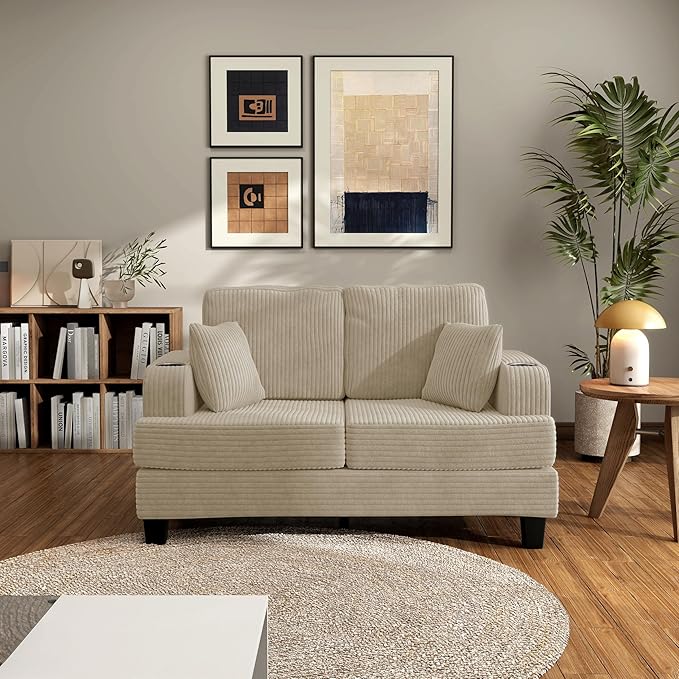 Homes: Inside + Out Reese Modern Plush Chenille Comfortable Loveseat with Side Pockets, Cup Holders and Pillows, Wooden Soft Couch for Living Room, Bedroom and Office, Beige