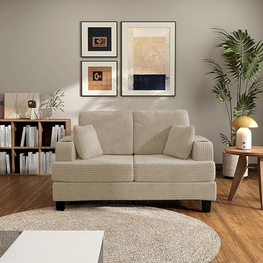 Homes: Inside + Out Reese Modern Plush Chenille Comfortable Loveseat with Side Pockets, Cup Holders and Pillows, Wooden Soft Couch for Living Room, Bedroom and Office, Beige