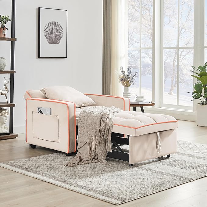 Convertible Sleeper Chair, Pull Out Chair Sleeper with Pillow, Chairs Bed Sleepers for Adults, 3 in 1 Sofa Bed Chairs for Small Spaces, Living Room, White