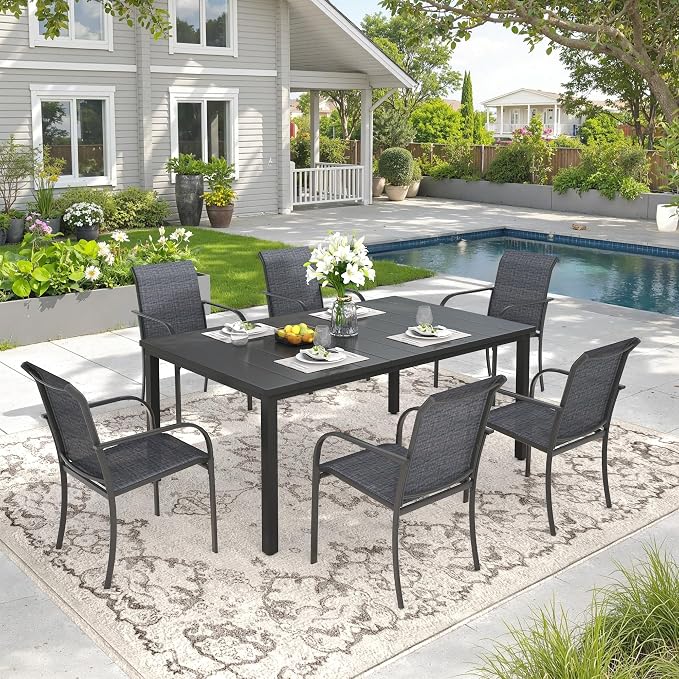 DIFY 7 Pieces Outdoor Patio Dining Set for 6, 63" Black Rectangle Metal Dining Table and 6 Grey Stackable Sling Dining Chairs, Outdoor Table and Chairs for Lawn Garden Backyard Deck by DIFY