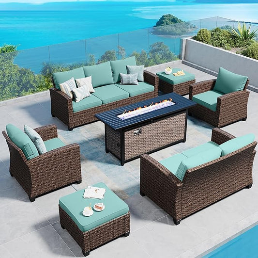 Patio Furniture Set Outdoor Furniture Brown Wicker Rattan Patio Conversation Sets with Cushion Outside Sofa Set,6 Pieces with Rectangular Firepit Table,9 Seats,Blue