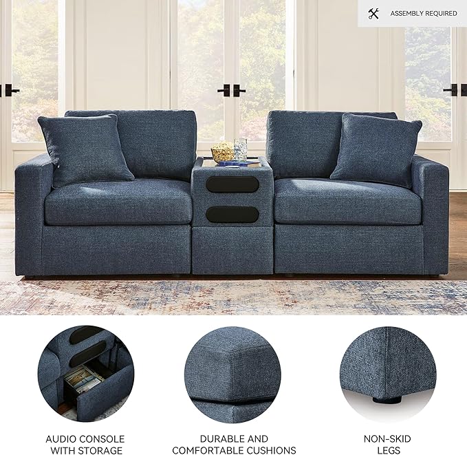 Signature Design by Ashley Modmax Contemporary Modular Stain Resistant 3-Piece Sectional with Audio Console, Drawer Storage, USB Ports and 2 Accent Pillows, Blue