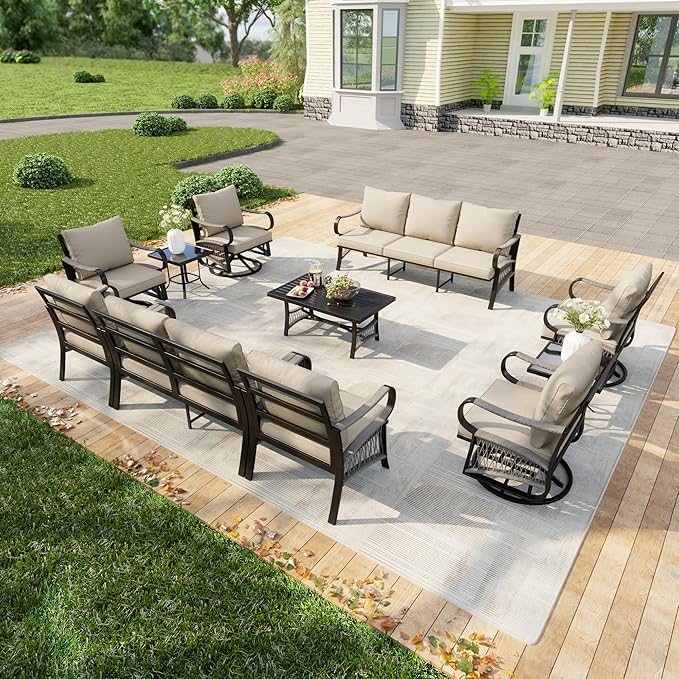11-Piece Outdoor Patio Conversation Sets, Rope Outdoor Furniture Set Metal 3-Seater Couch, 4 Swivel Rockers with 2 Side Tables, Loveseat Sofa Single Chairs with Coffee Table for Backyard, Beige