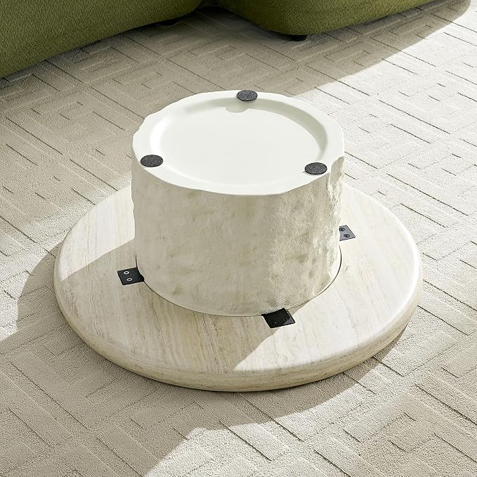 Coffee Table Set of 2, Round Fiberglass Imitation Stone Table Cement Rock Center Table witn Side Table for Living Room Apartment Office, 35.04"&15.75", No Need Assembly