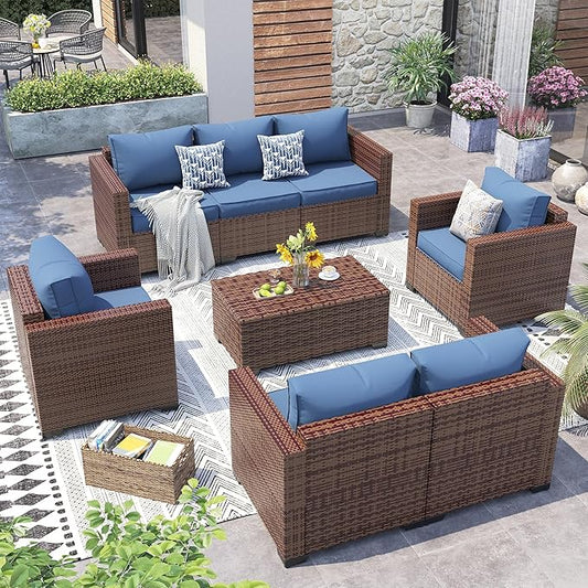 Patio Furniture Set,5 Piece Wide Armrest Outdoor Furniture Chair with 4" Thickened Cushion,Wicker Patio Conversation Sets with Waterproof Covers for Backyard, Porch(Navy Blue)